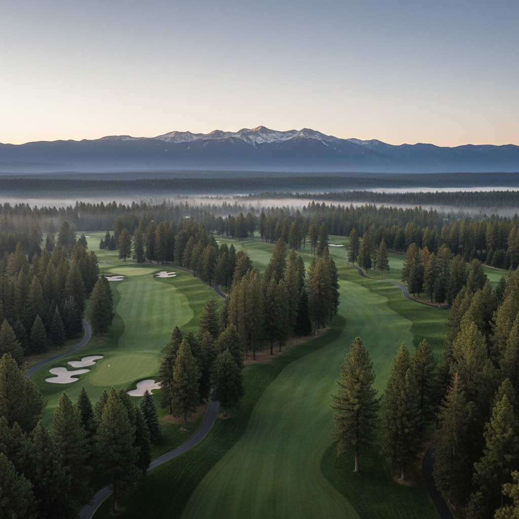 Aerial view of Apple Mountain Golf Resort with Sierra Nevada mountains